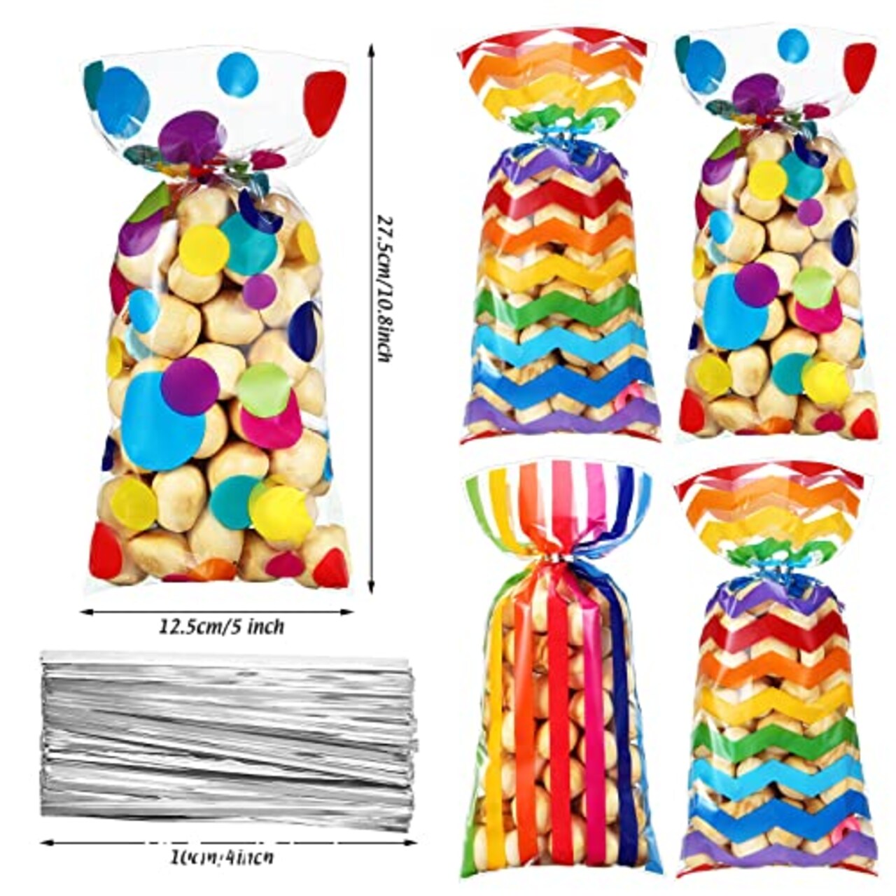 105 PCS Rainbow Cellophane Treat Bags, Polka Dot Stripes Printed Pattern Goodie Candy Favor Bags with Twist Ties for Pride Day Kids School Lunches Baby Shower Birthday Party Supplies